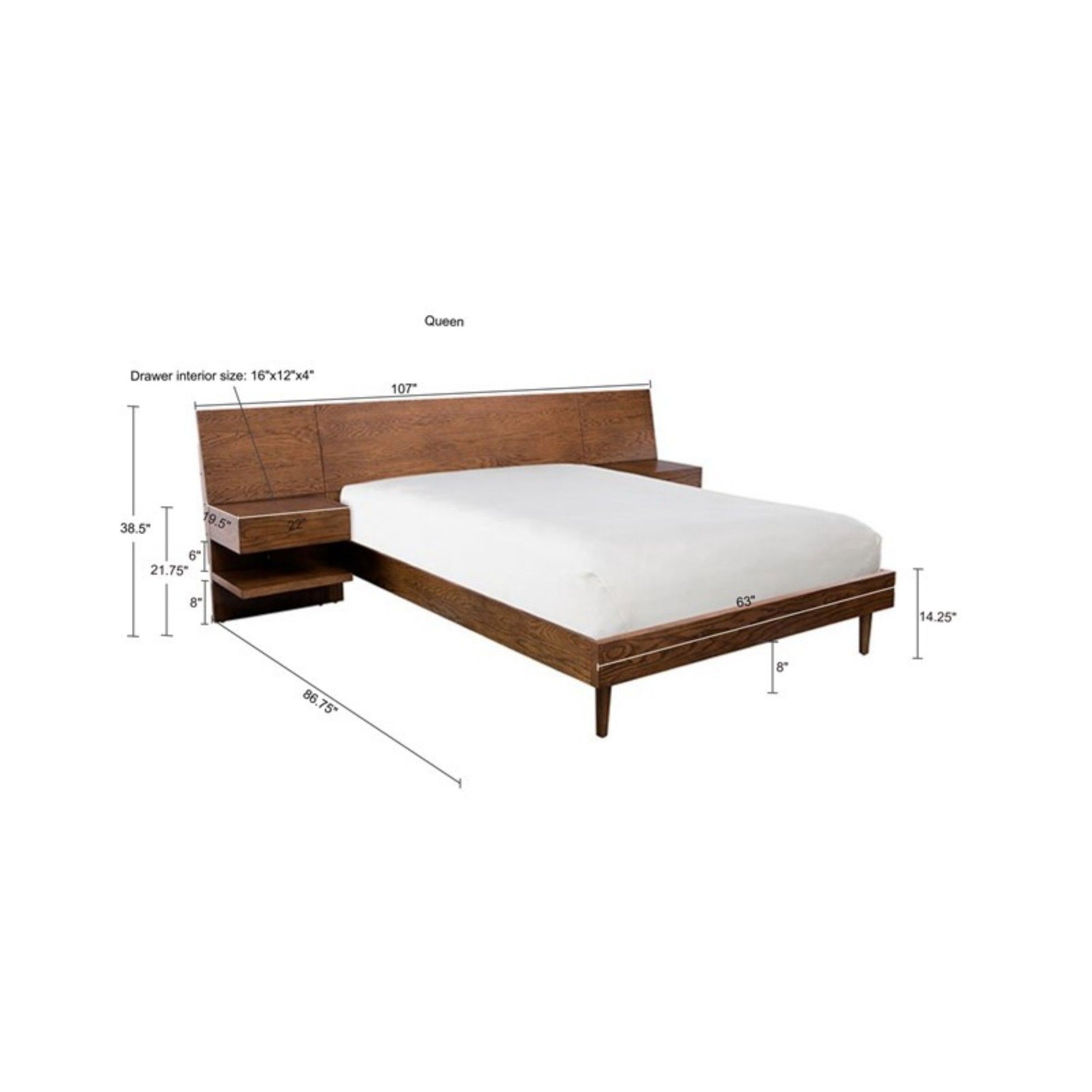 Queen Size Bed With Attached Nightstands And Hidden Storage - Pecan - The Sleep Loft - Online Mattress Showroom NYC