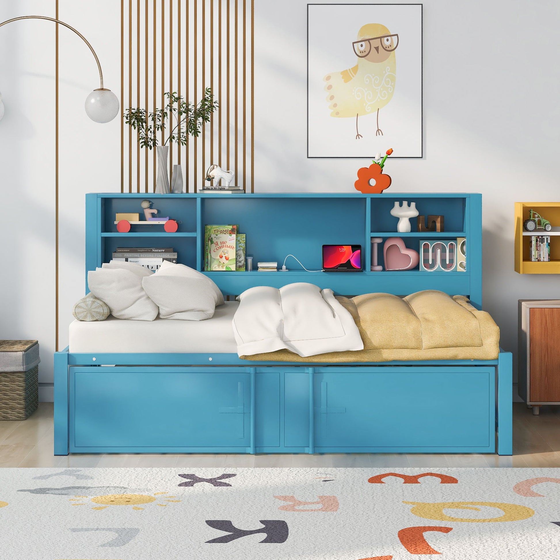 Industrial Metal Daybed With Trundle, Storage Shelves, USB Ports - The Sleep Loft - Online Mattress Showroom NYC