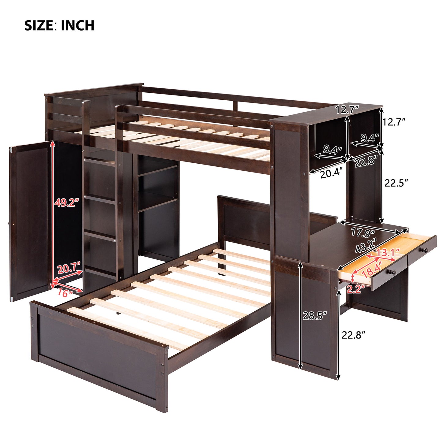 Loft Bed With A Stand Alone Bed, Shelves, Desk, And Wardrobe - The Sleep Loft - Online Mattress Showroom NYC