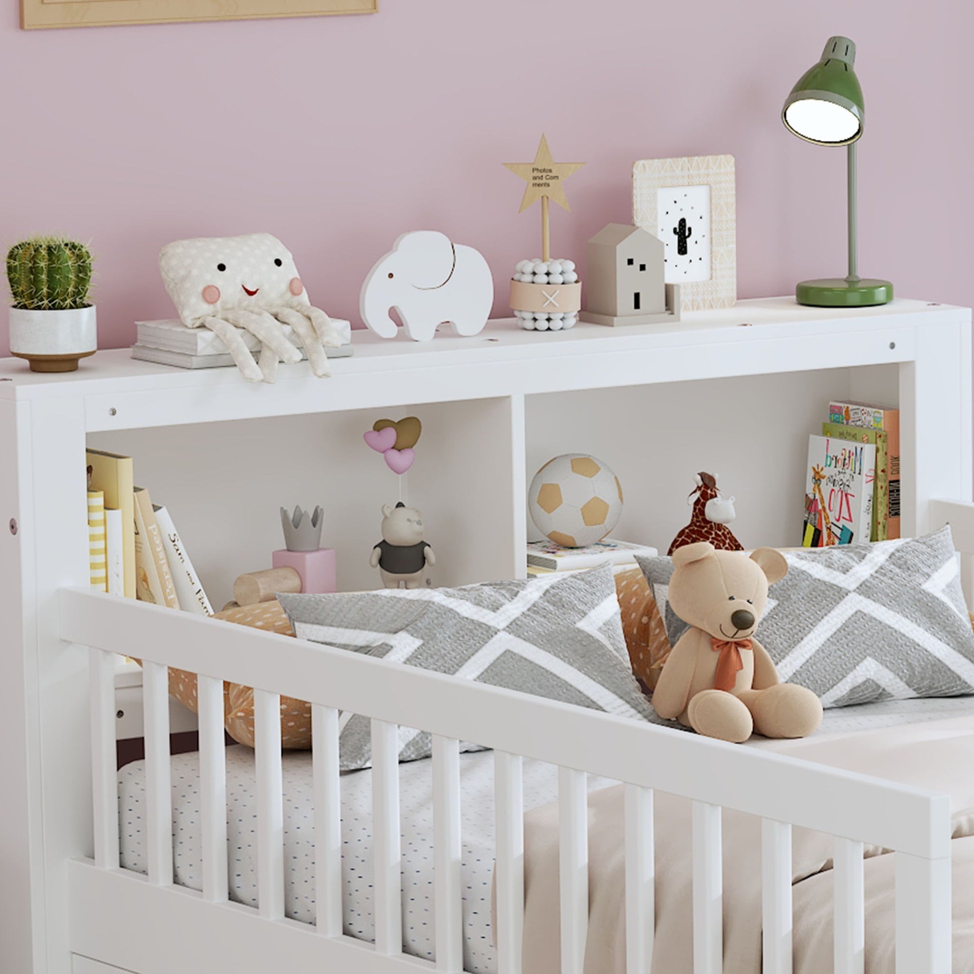 Bed With Headboard Storage Rack, 2 Under Bed Drawers, 3 Side Guardrails For Safety - The Sleep Loft - Online Mattress Showroom NYC