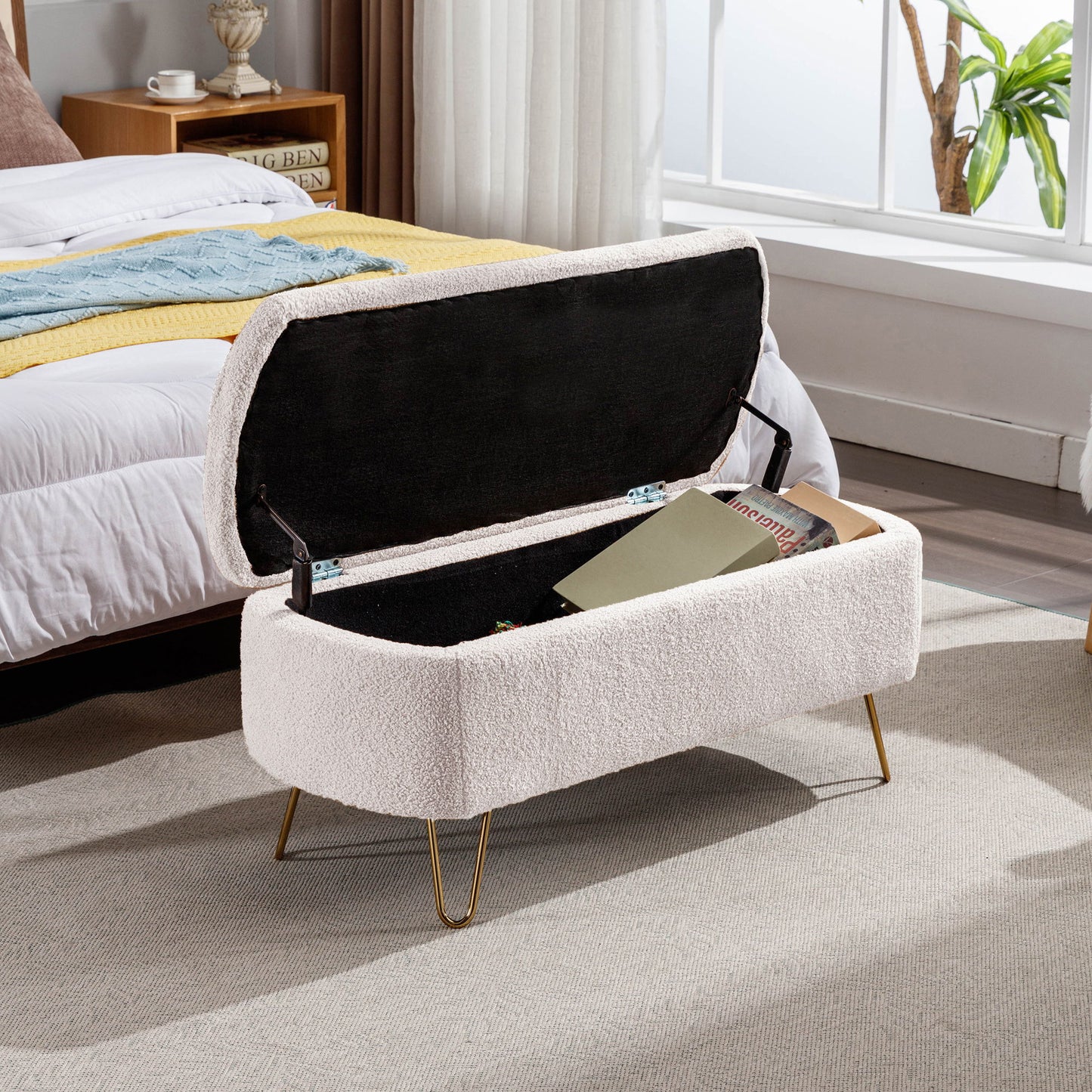 Storage Ottoman Bench For End Of Bed Legs, Modern Camel Faux Fur Entryway Bench Upholstered Padded With Storage For Living Room Bedroom - The Sleep Loft - Online Mattress Showroom NYC
