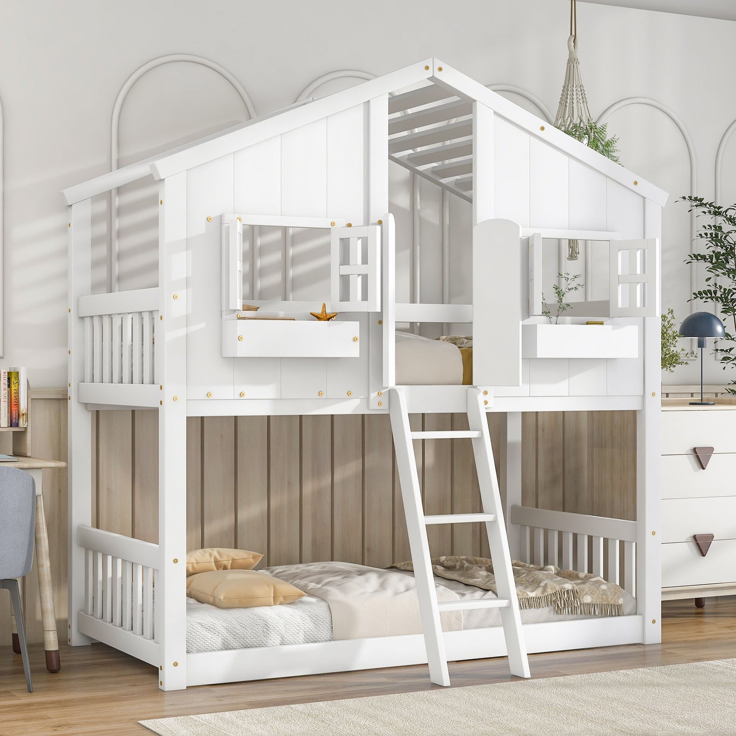 House Bunk Bed With Roof, Window, Window Box, Door, With Safety Guardrails And Ladder - The Sleep Loft - Online Mattress Showroom NYC