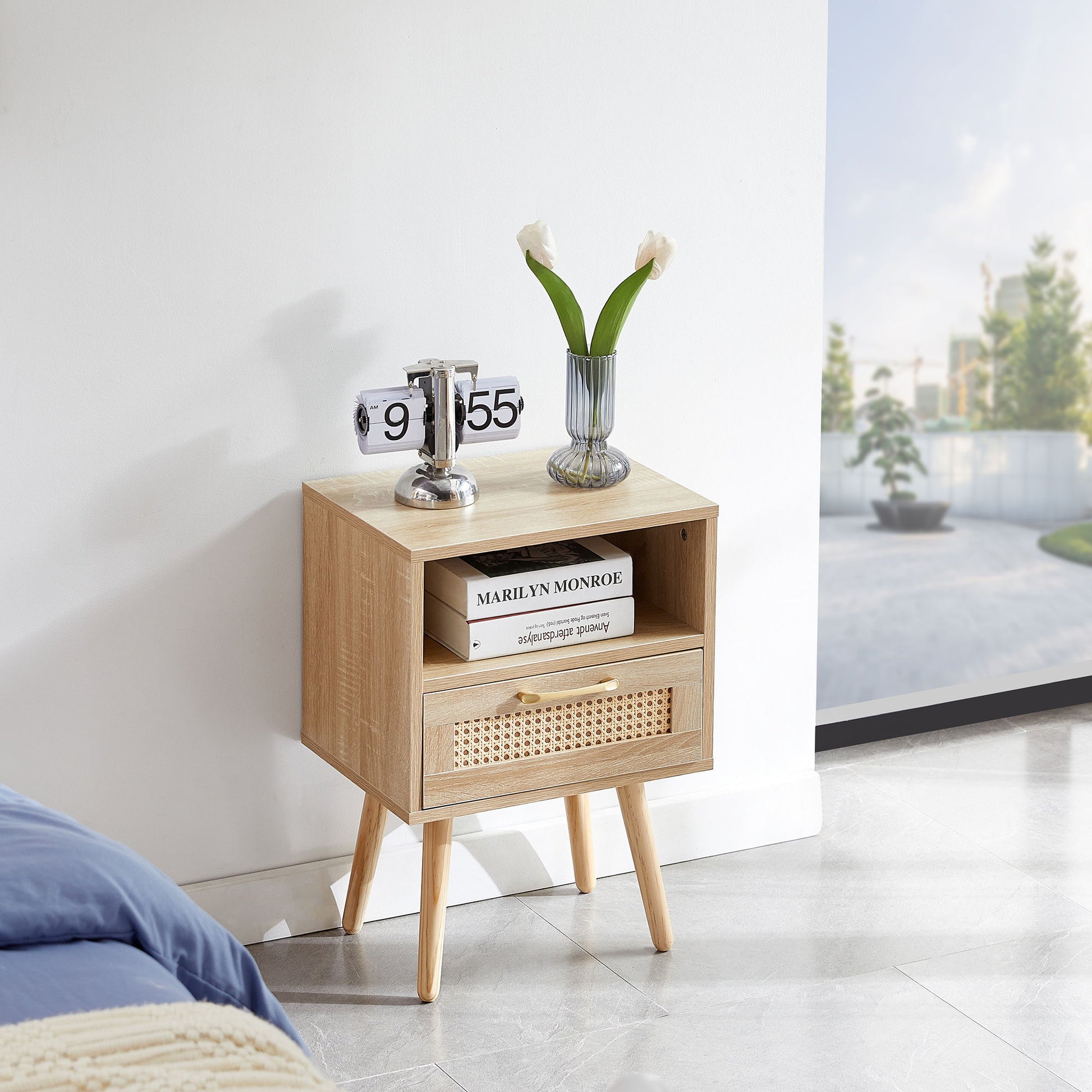 15.75" Rattan End Table With Drawer And Solid Wood Legs, Modern Nightstand, Side Table For Living Room, Bedroom - The Sleep Loft - Online Mattress Showroom NYC