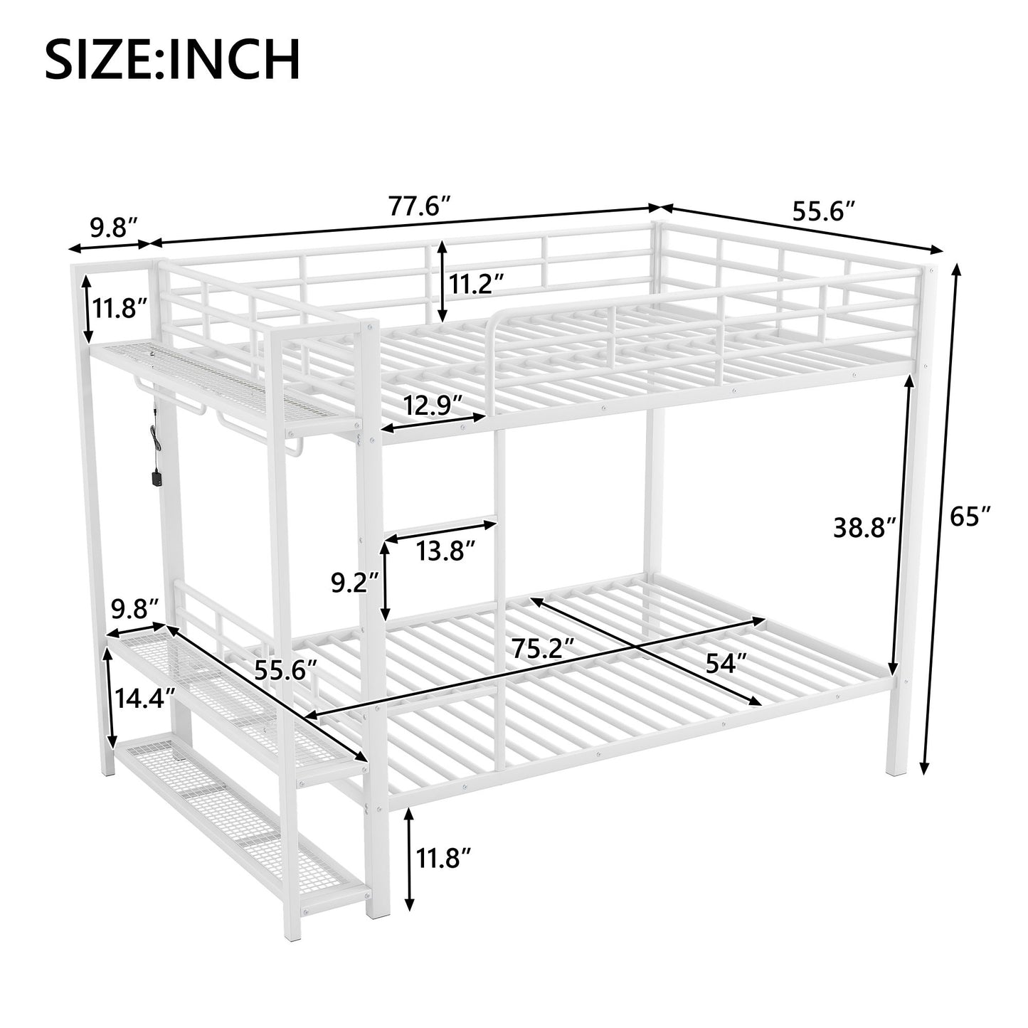 Bunk Bed With Storage Shelves, Clothes Hooks, LED Light - The Sleep Loft - Online Mattress Showroom NYC
