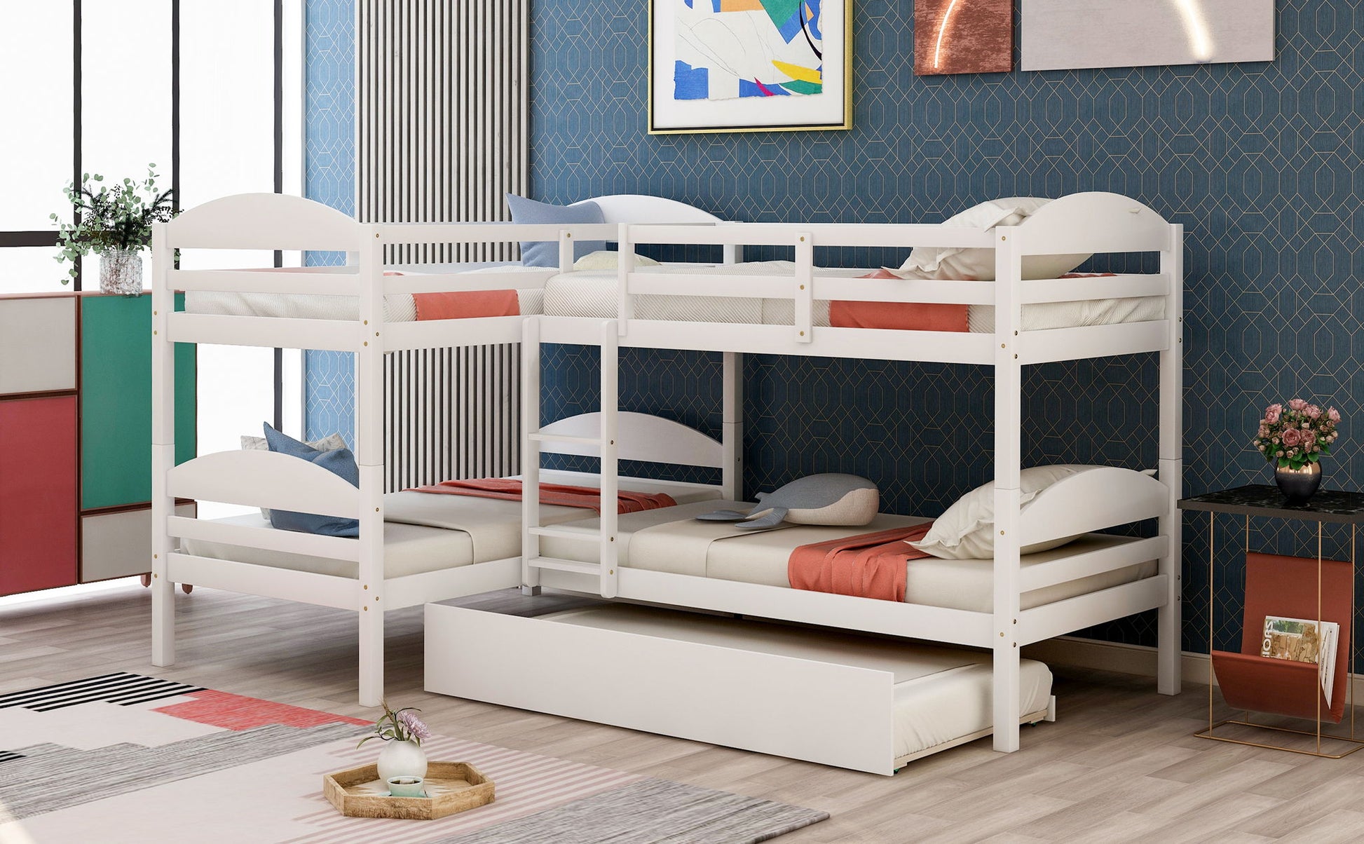 Twin L-Shaped Bunk Bed With Trundle - White - The Sleep Loft - Online Mattress Showroom NYC