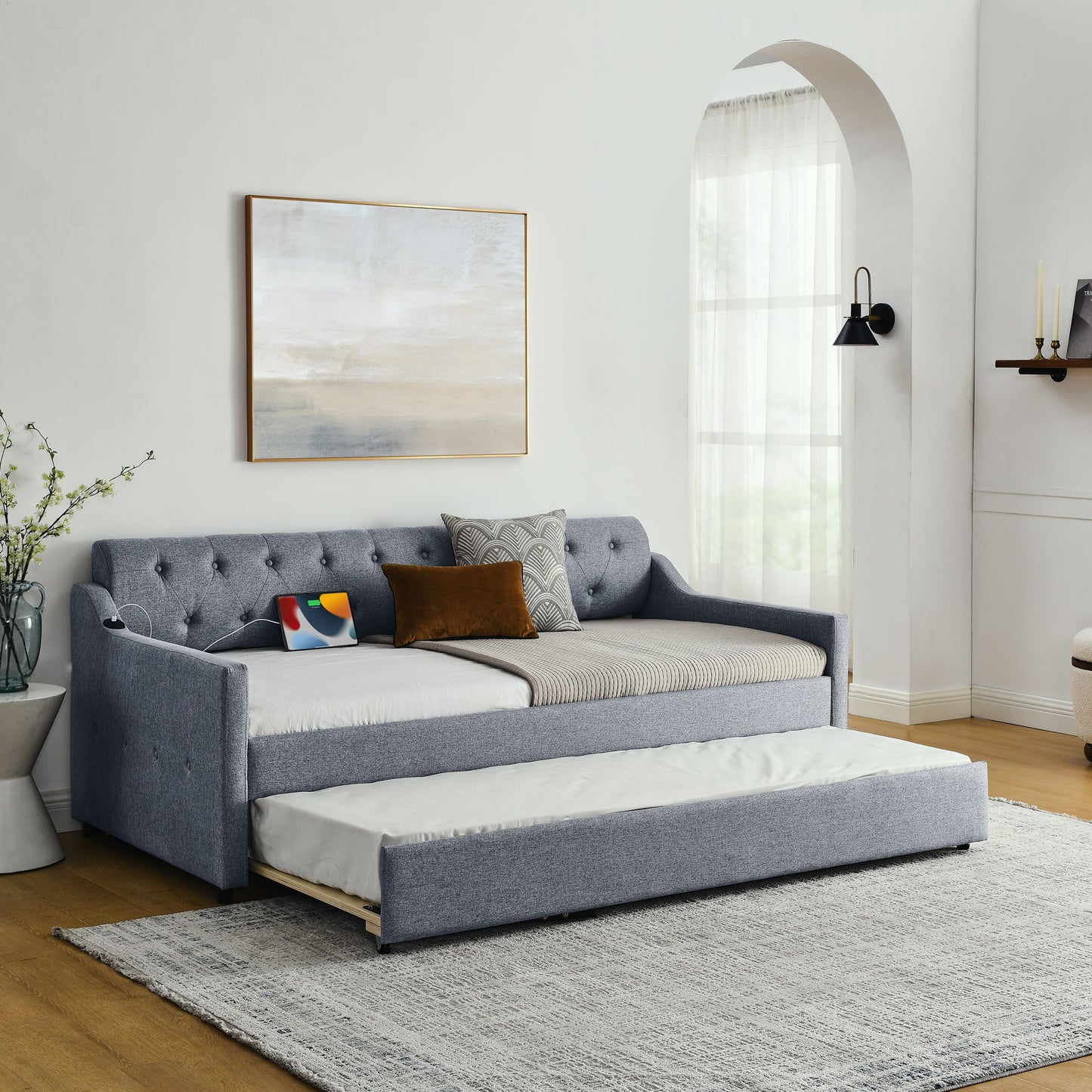 Size Upholstered Daybed With Trundle And USB Charging Armrest - The Sleep Loft - Online Mattress Showroom NYC