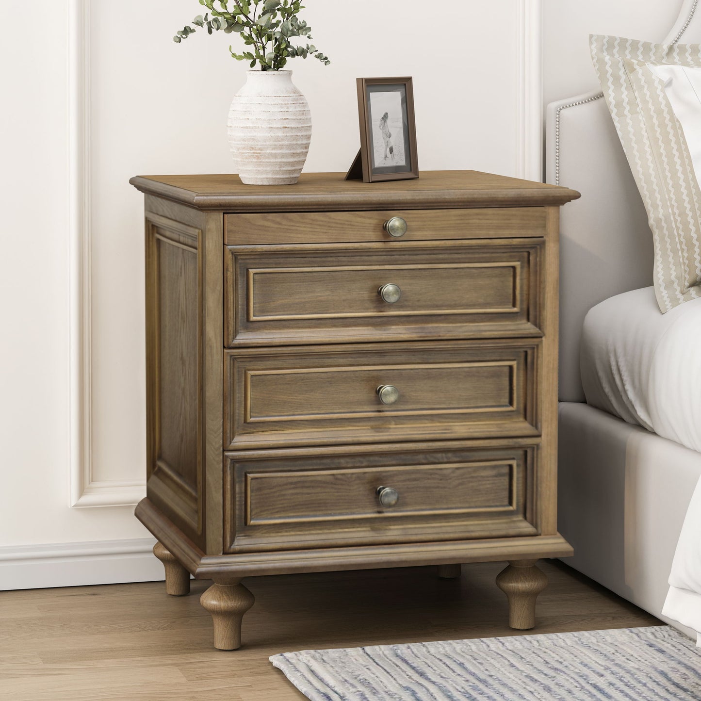 Nightstand With 4 Drawers With Hidden Pull Out Shelf - Light Brown