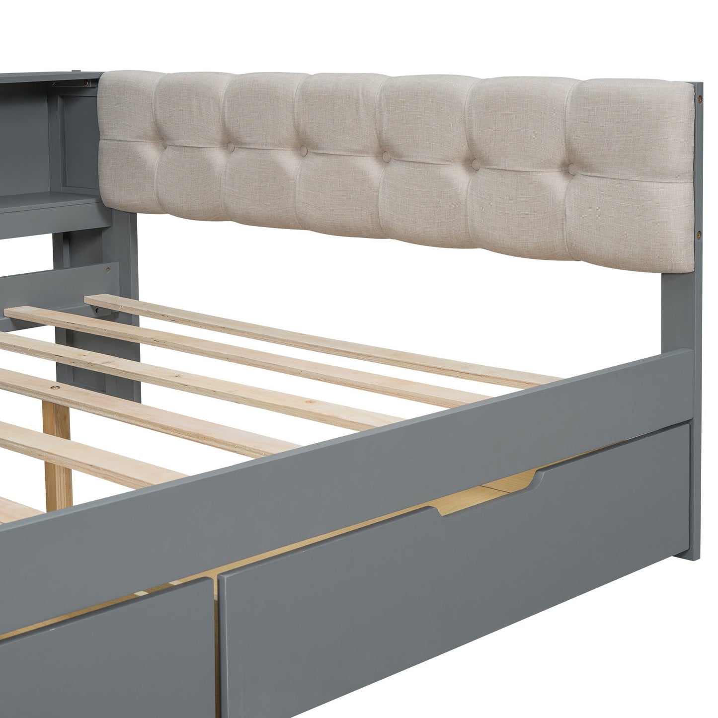 Upholstered Headboard Platform Bed With Storage Shelves, Drawers, Charging Station - The Sleep Loft - Online Mattress Showroom NYC