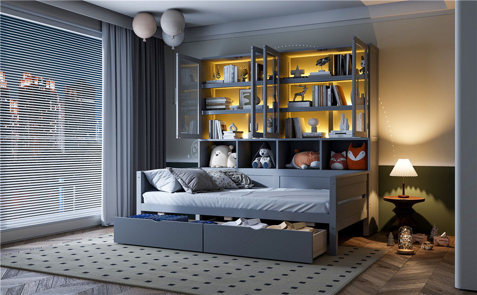 Daybed With Glass Door Storage Cabinets, Built In LED Lighting And Shelves - The Sleep Loft - Online Mattress Showroom NYC