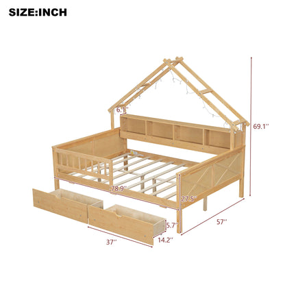 House Style Platform Bed With LED Lights, Storage Shelves, Drawers, And Guardrail - The Sleep Loft - Online Mattress Showroom NYC