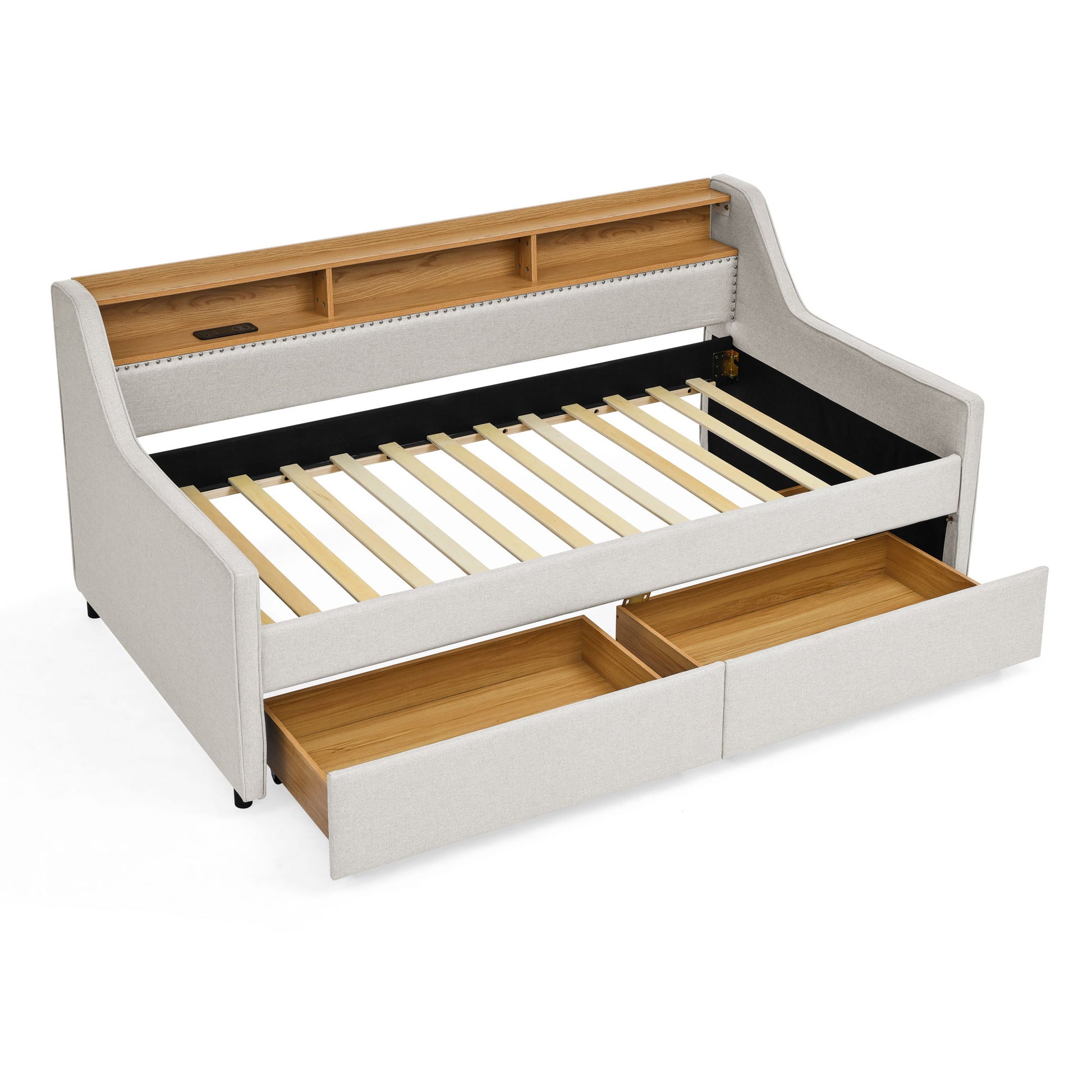 Twin Upholstered Sofa Bed With LED Lights, Storage Drawers, Adjustable Headboard & Wireless Charging - Beige - The Sleep Loft - Online Mattress Showroom NYC