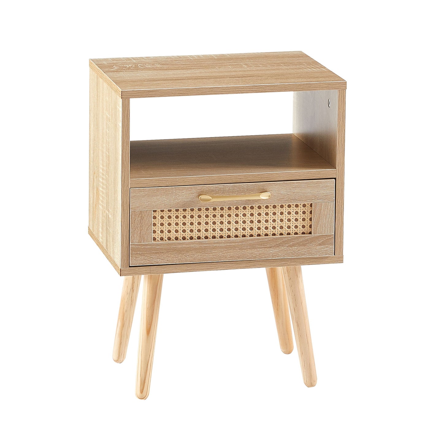 15.75" Rattan End Table With Drawer And Solid Wood Legs, Modern Nightstand, Side Table For Living Room, Bedroom - The Sleep Loft - Online Mattress Showroom NYC