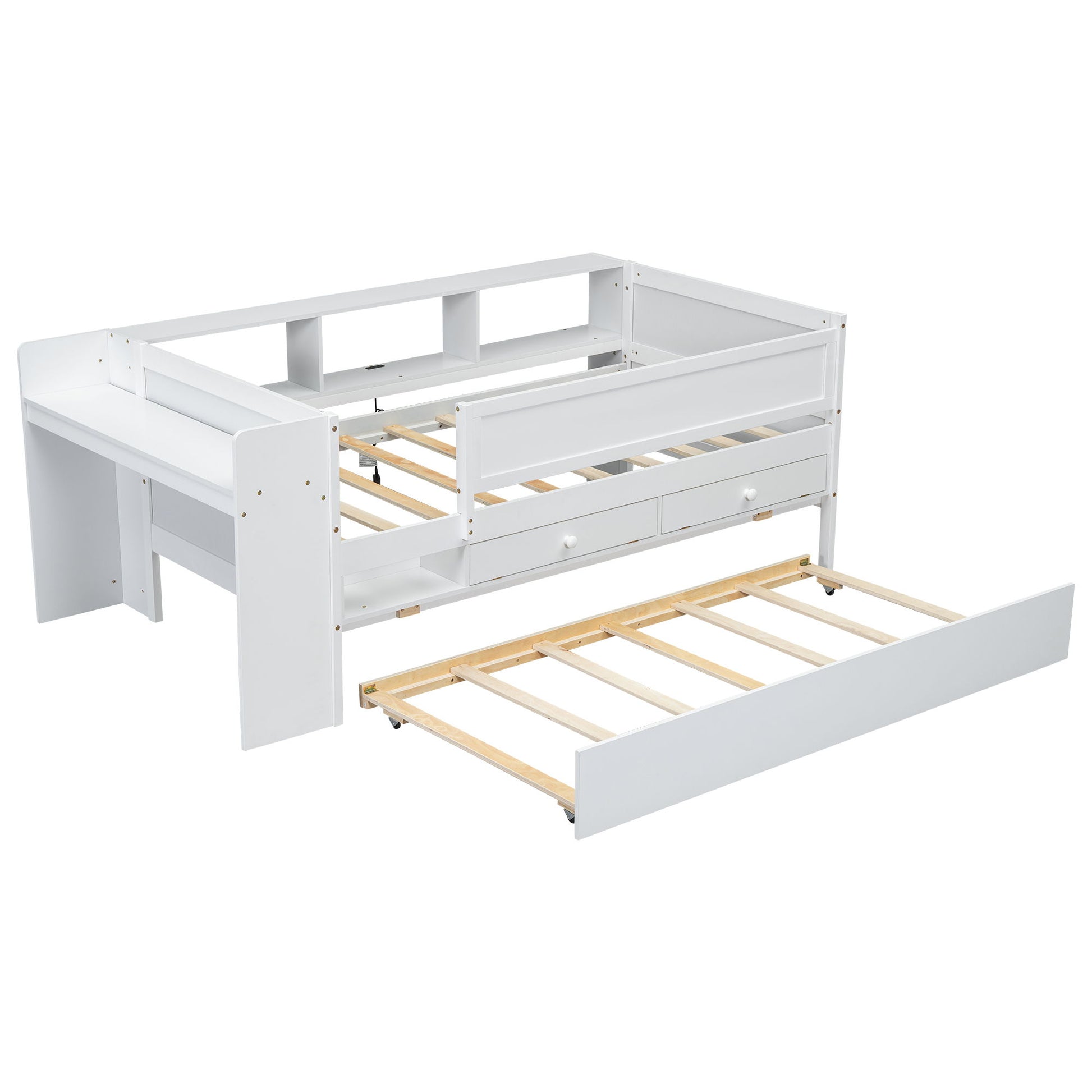 Twin Daybed With Drawers, Trundle, Headboard Storage, Study Desk, And USB Charging Station - White - The Sleep Loft - Online Mattress Showroom NYC