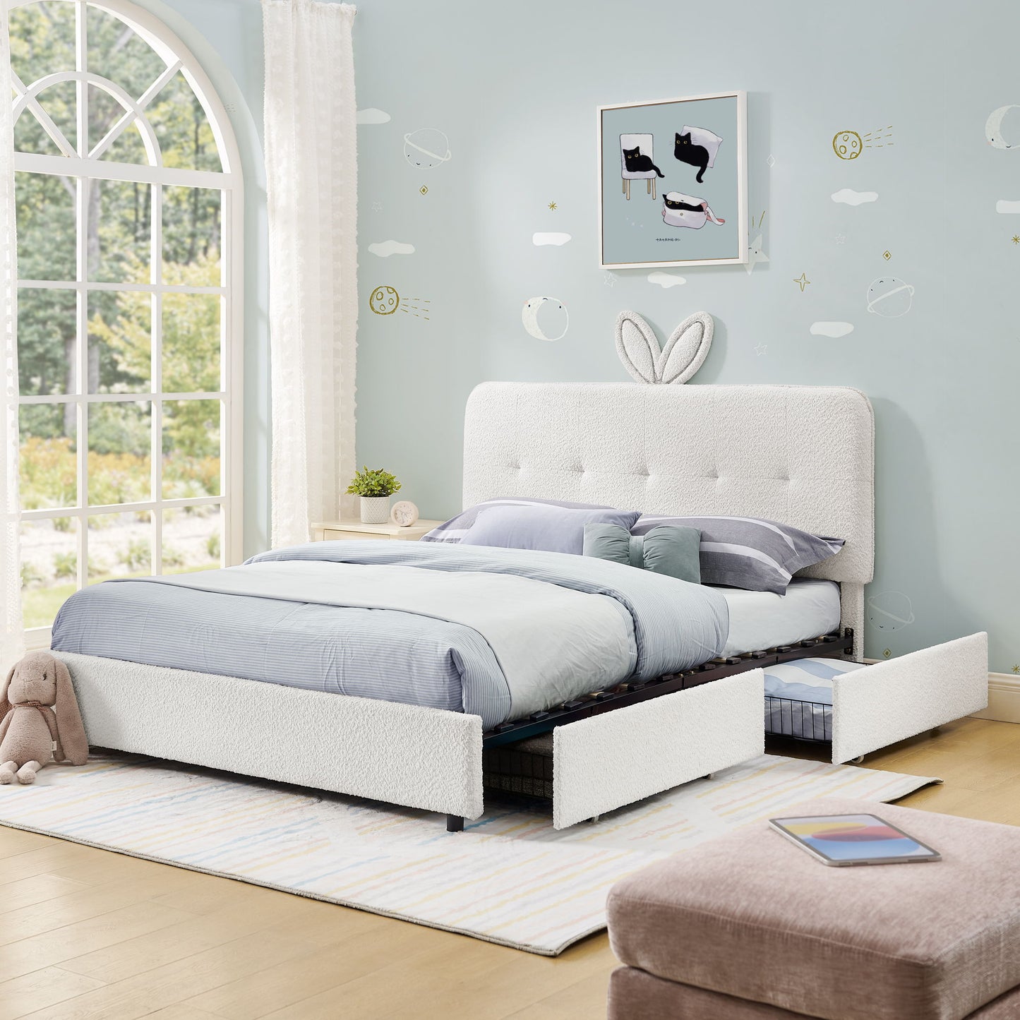 Upholstered Bed With Oversized Rabbit Ear Headboard, LED Lights & 4 Storage Drawers - The Sleep Loft - Online Mattress Showroom NYC