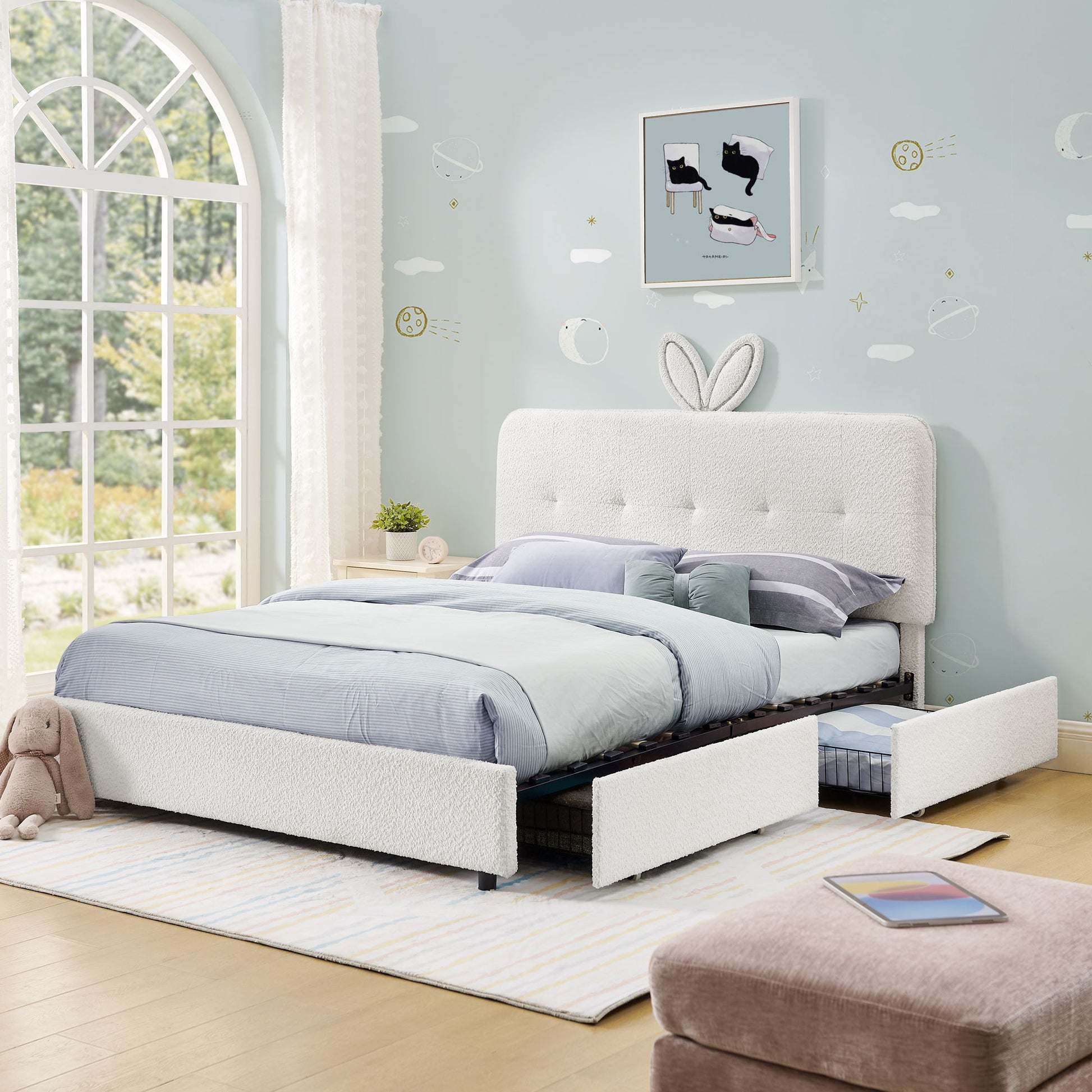 Upholstered Bed With Oversized Rabbit Ear Headboard, LED Lights & 4 Storage Drawers - The Sleep Loft - Online Mattress Showroom NYC