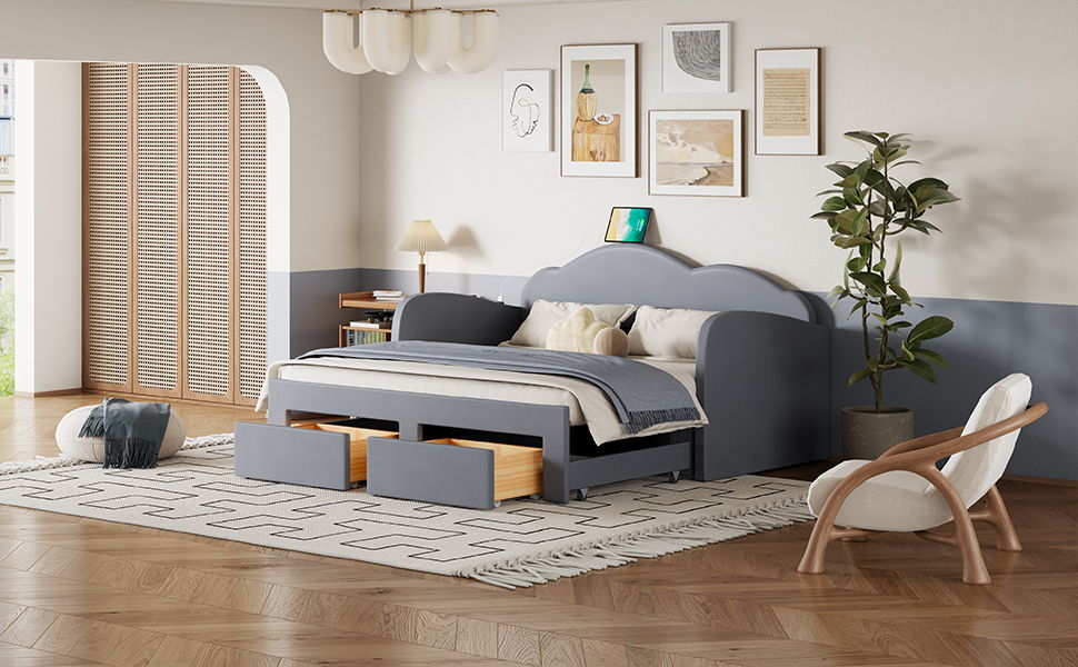Upholstered Daybed With Cloud-Shaped Backrest, Trundle & 2 Drawers And USB Ports - The Sleep Loft - Online Mattress Showroom NYC