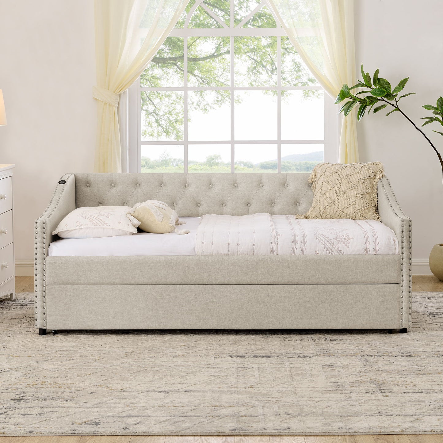 Upholstered Daybed With USB Charging & Pull Out Bed - The Sleep Loft - Online Mattress Showroom NYC
