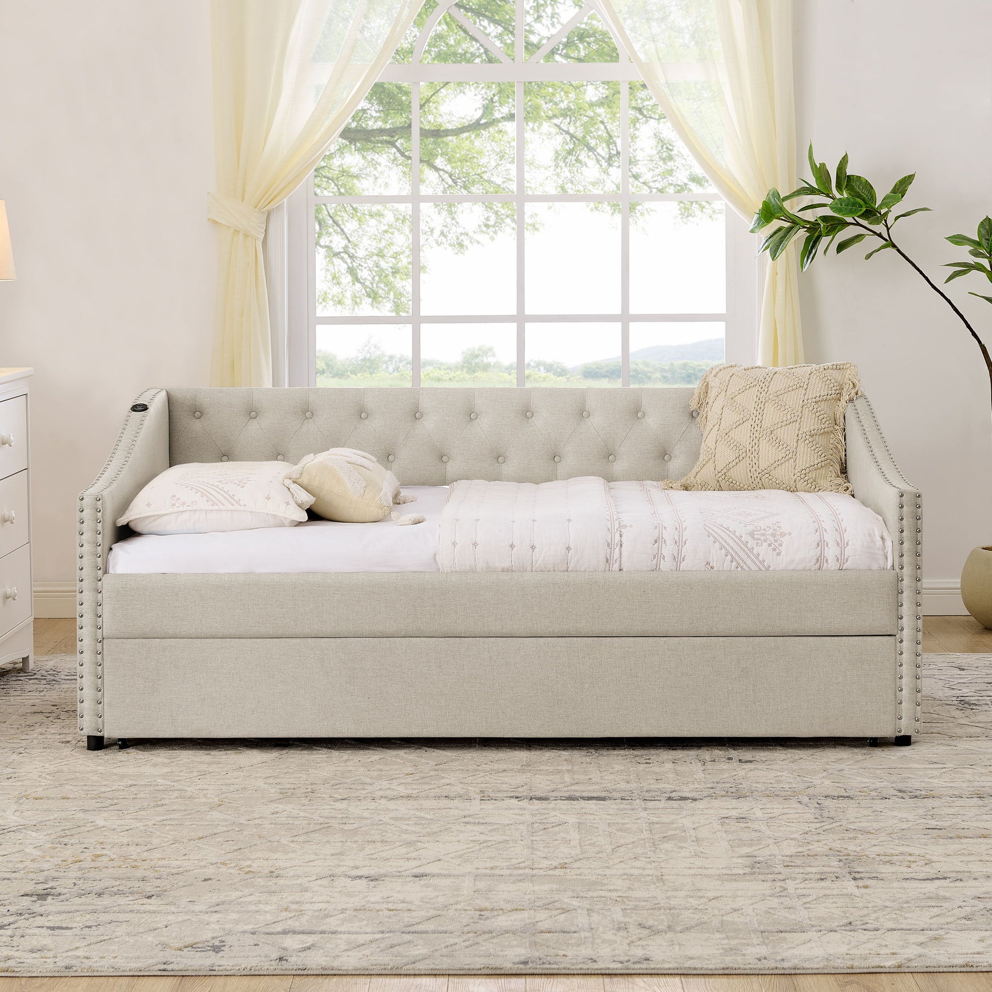 Upholstered Daybed With USB Charging & Pull Out Bed - The Sleep Loft - Online Mattress Showroom NYC