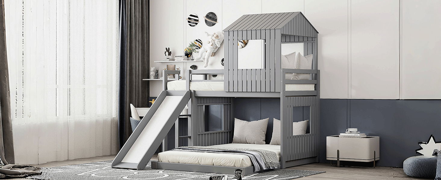 Loft Bunk Bed With Playhouse, Farmhouse, Ladder, Slide And Guardrails - The Sleep Loft - Online Mattress Showroom NYC