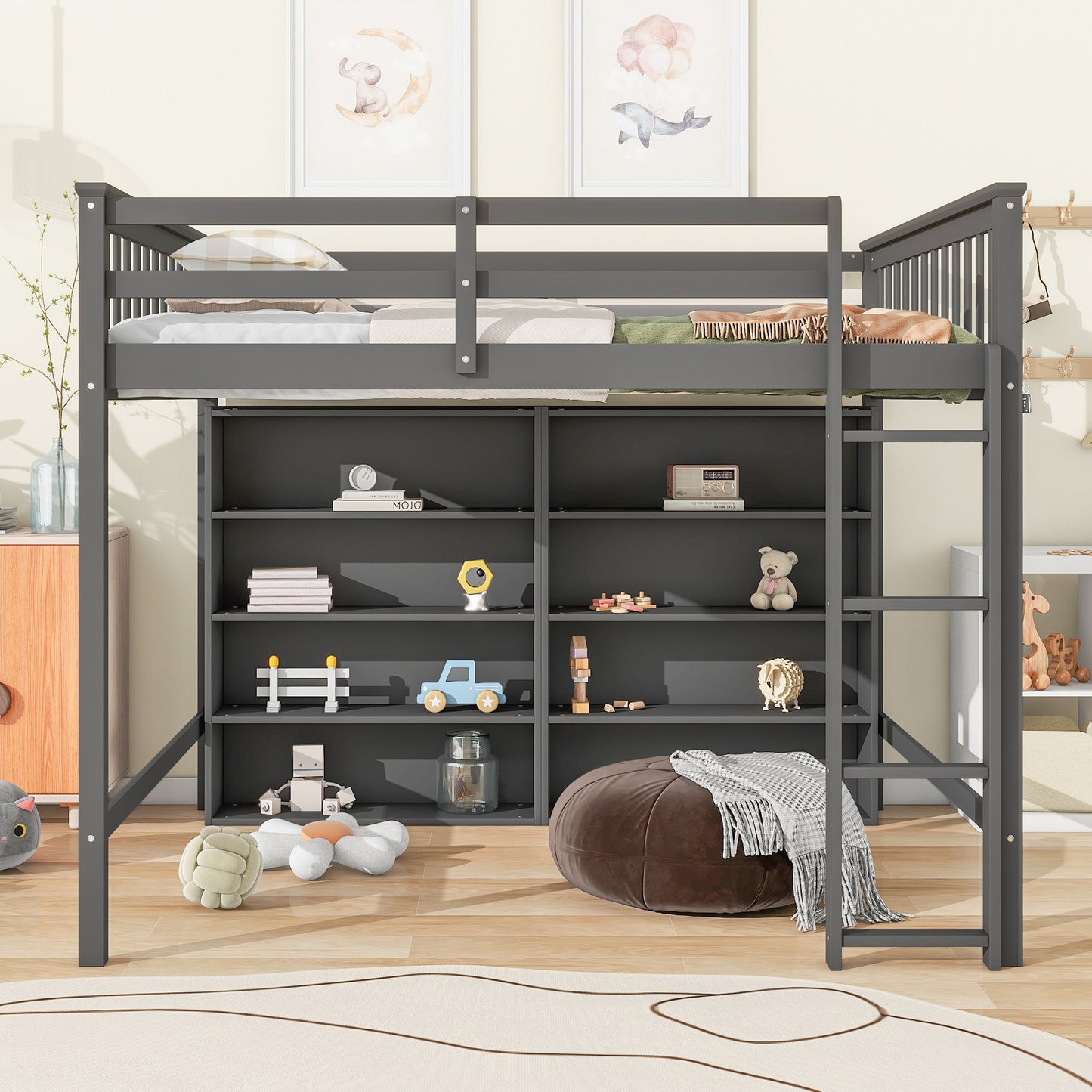 Loft Bed With 8 Open Storage Shelves And Built In Ladder - The Sleep Loft - Online Mattress Showroom NYC