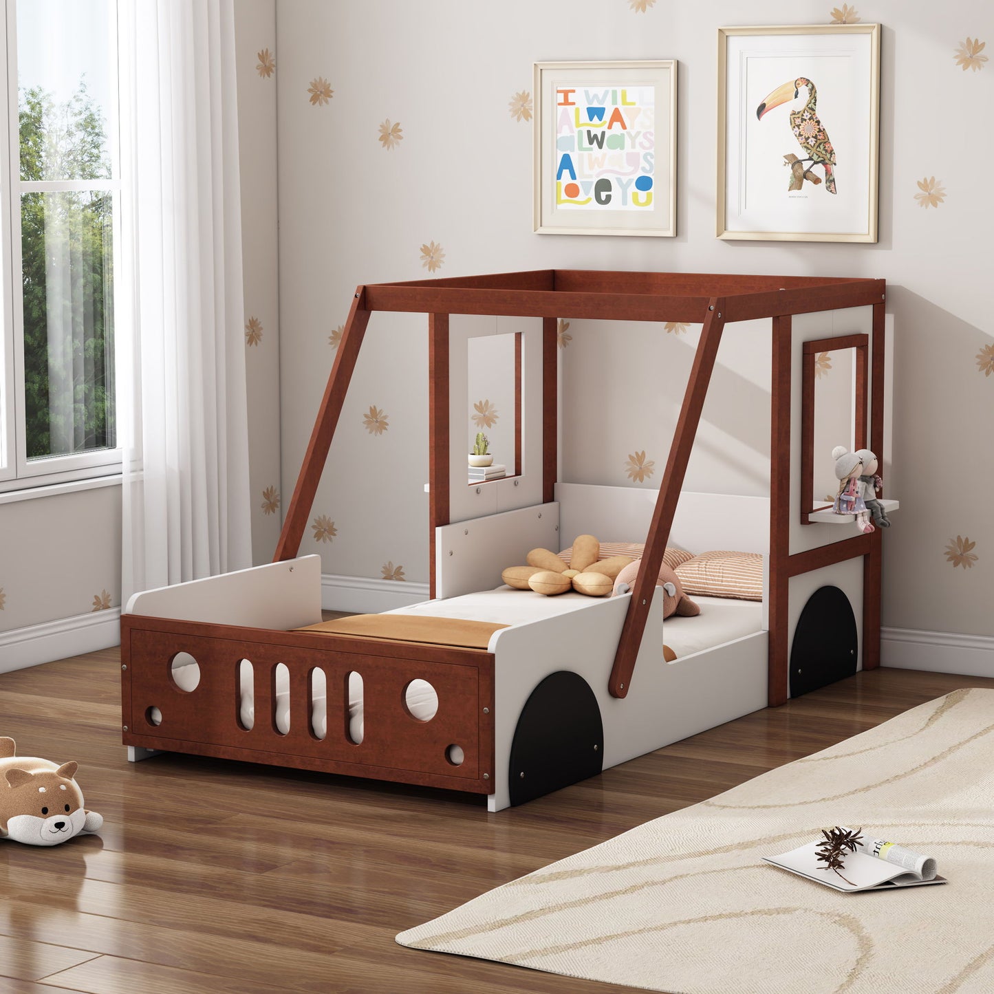 Fun Play Design Twin Size Car Bed, Kids Platform Bed In Car Shaped For Kids Boys Girls Teens - White / Orange - The Sleep Loft - Online Mattress Showroom NYC