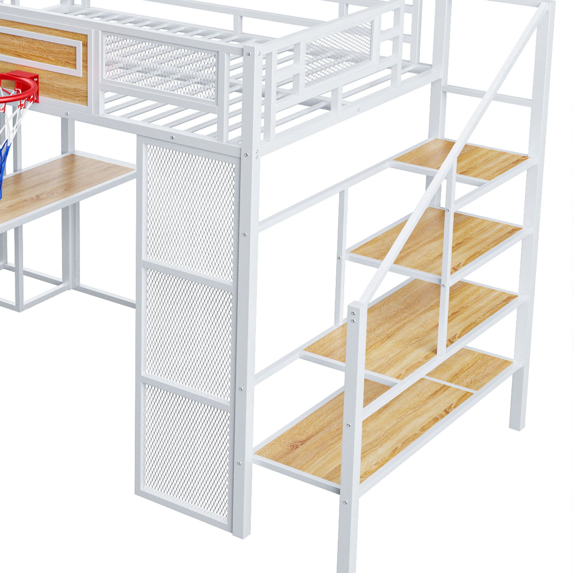 Loft Bed With Built In Desk, Open Wardrobe, Basketball Hoop, Slide And Staircase - The Sleep Loft - Online Mattress Showroom NYC