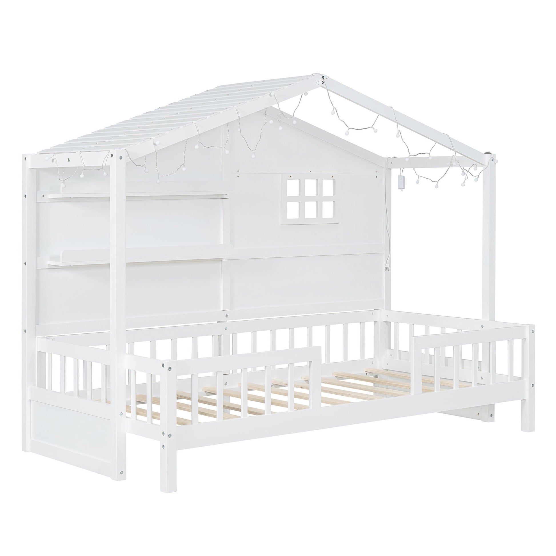House Bed With Shelves, Window And Sparkling Light Strip On The Roof - The Sleep Loft - Online Mattress Showroom NYC