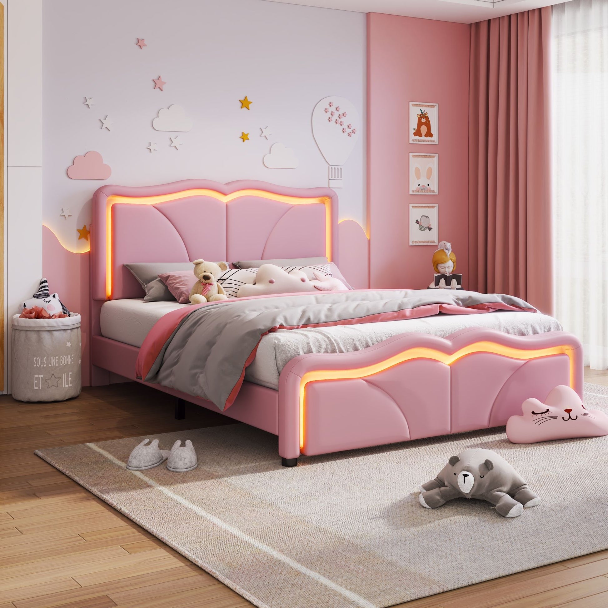 Upholstered Platform Bed & Curve Shaped And Height Adjustable Headboard, LED Light Strips - The Sleep Loft - Online Mattress Showroom NYC