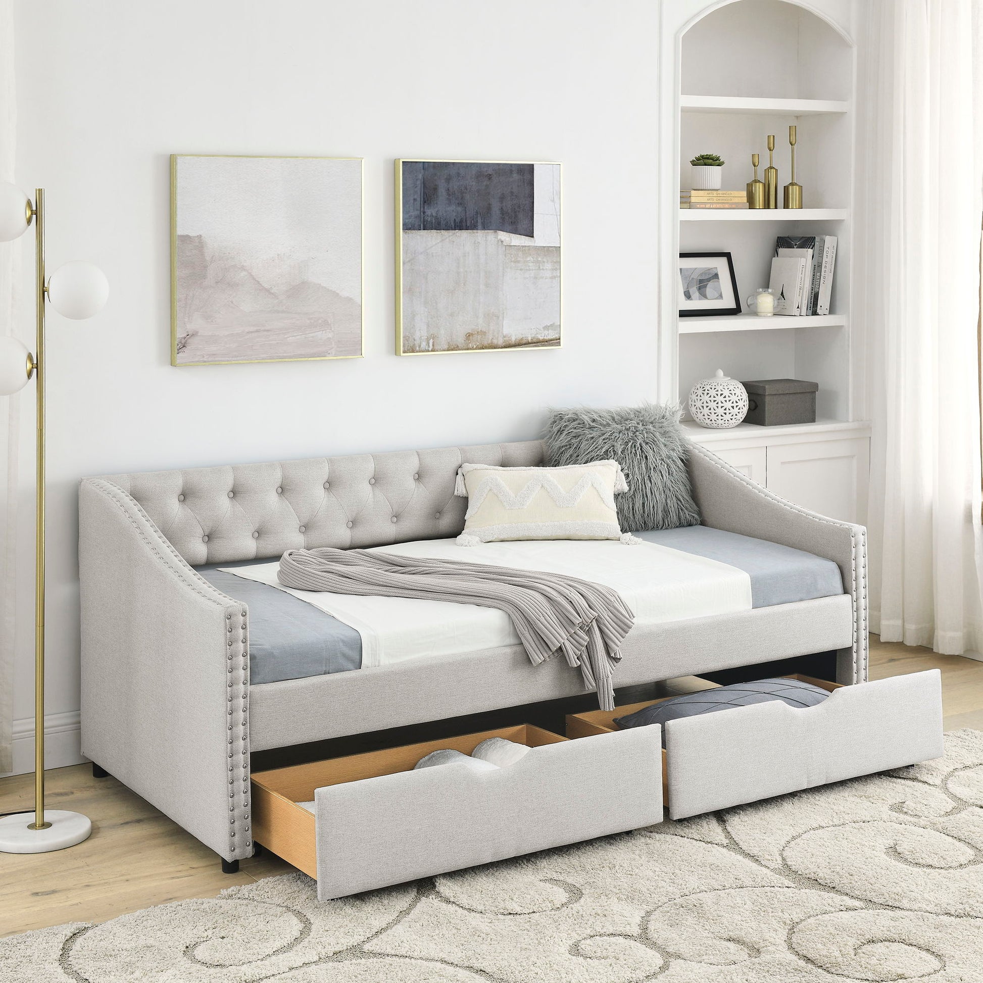 Upholstered Tufted Daybed With 2 Drawers, Waved Arms - The Sleep Loft - Online Mattress Showroom NYC