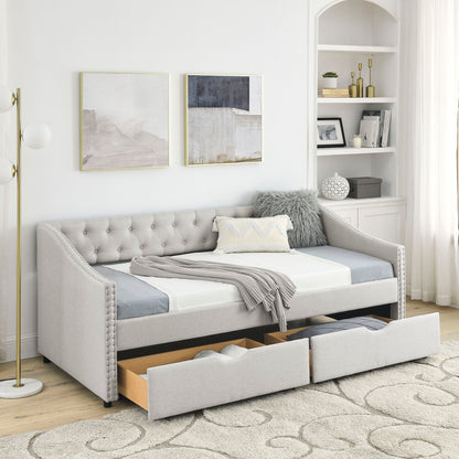 Upholstered Tufted Daybed With 2 Drawers, Waved Arms - The Sleep Loft - Online Mattress Showroom NYC