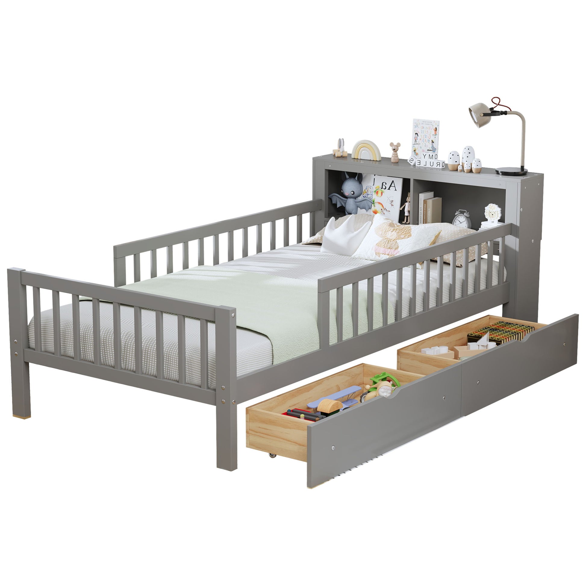 Bed With Headboard Storage Rack, 2 Under Bed Drawers, 3 Side Guardrails For Safety - The Sleep Loft - Online Mattress Showroom NYC