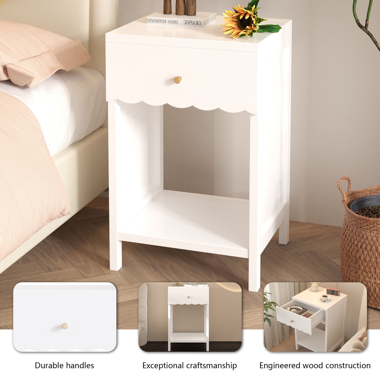 Nightstand With Drawer And Open Shelf, Scalloped Edge Bedside Table - The Sleep Loft - Online Mattress Showroom NYC