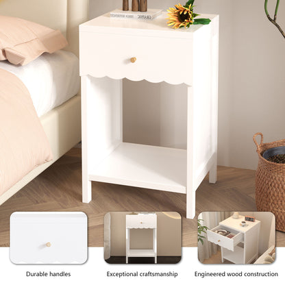 Nightstand With Drawer And Open Shelf, Scalloped Edge Bedside Table - The Sleep Loft - Online Mattress Showroom NYC