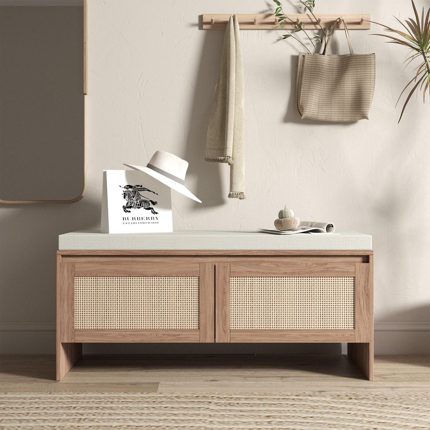 Storage Bench With Cushion, Shoe Cabinet With 2 Doors - Antique Natural / Rattan - The Sleep Loft - Online Mattress Showroom NYC