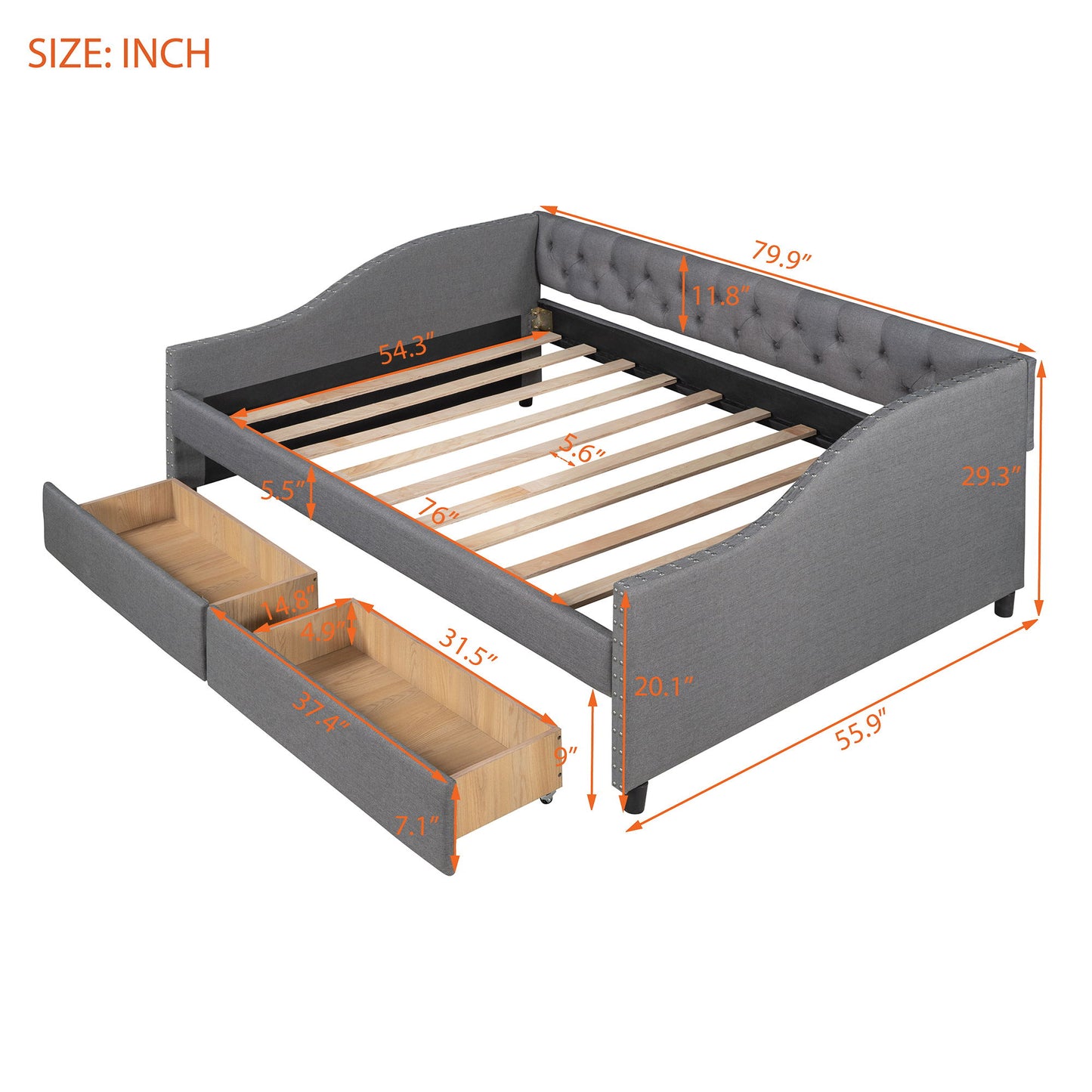 Upholstered Daybed With Two Drawers, Wood Slat Support - The Sleep Loft - Online Mattress Showroom NYC