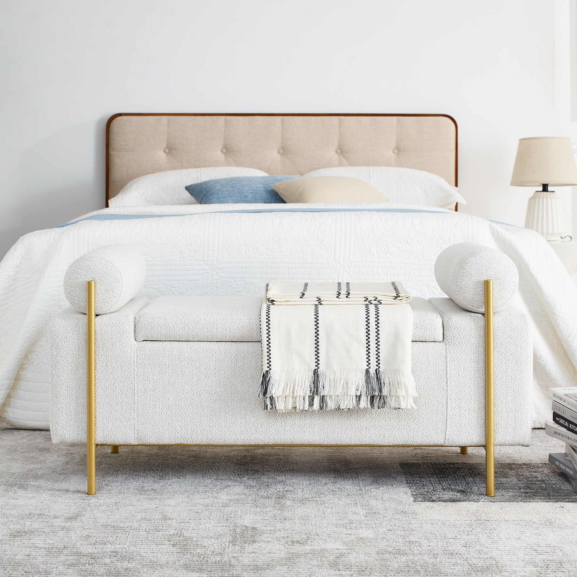 Elegant Upholstered Storage Bench With Cylindrical Arms And Iron Legs, - The Sleep Loft - Online Mattress Showroom NYC