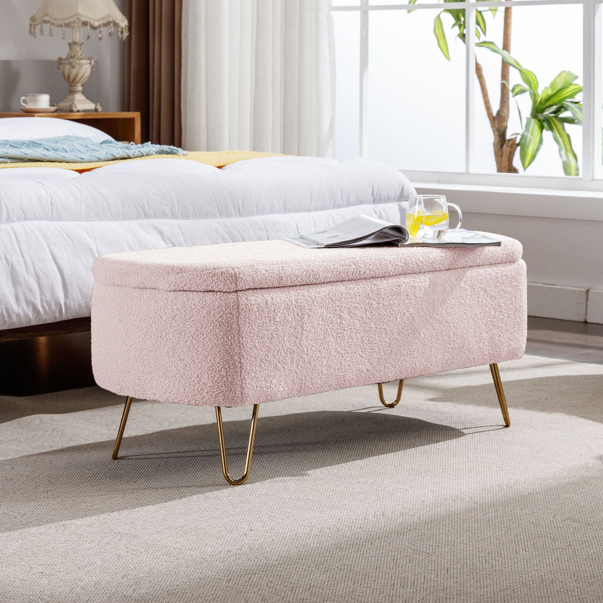 Storage Ottoman Bench For End Of Bed Legs, Modern Camel Faux Fur Entryway Bench Upholstered Padded With Storage For Living Room Bedroom - The Sleep Loft - Online Mattress Showroom NYC