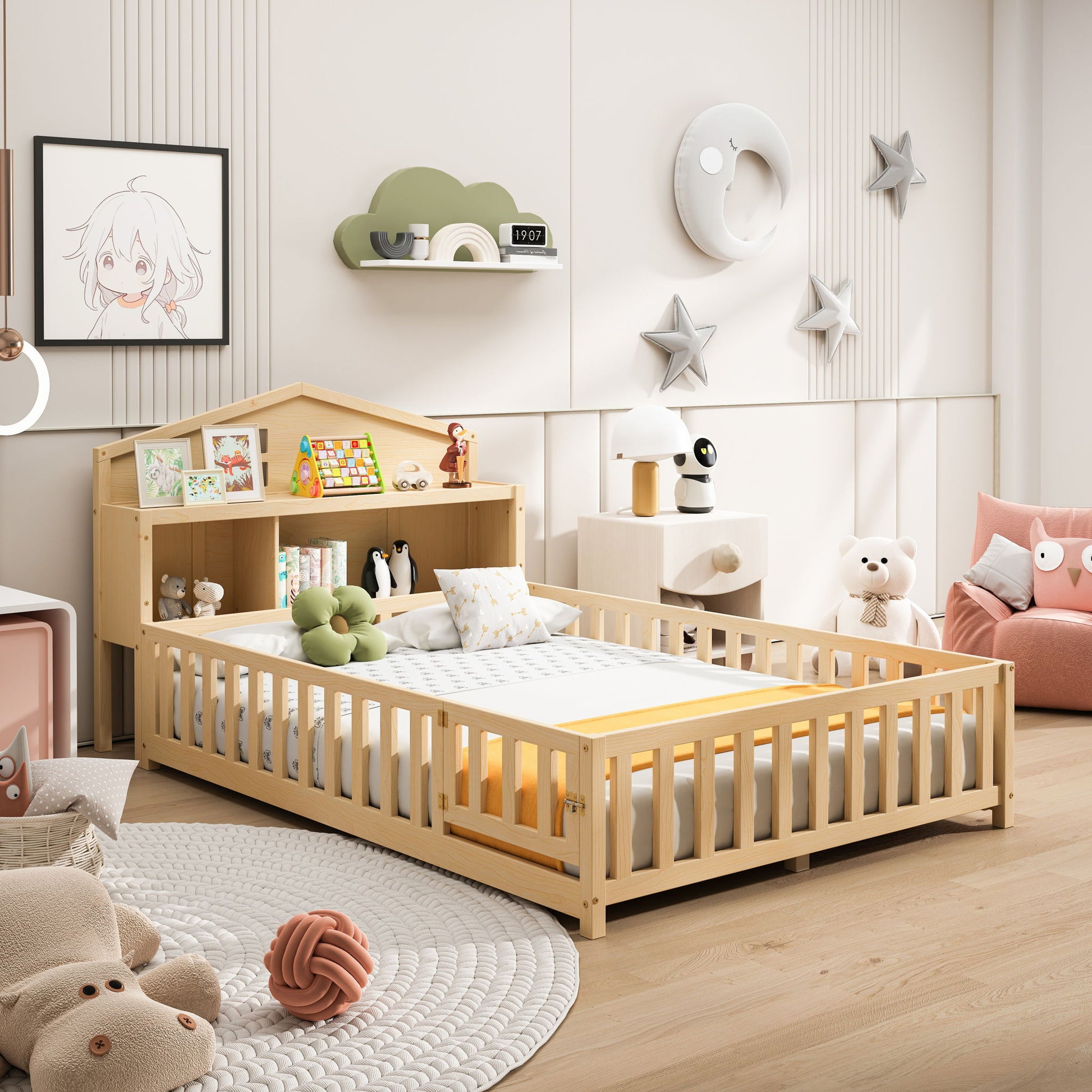 Full Size Montessori Floor Bed With Bookcases And boards, Solid Wood Platform Bed With Guard Rails And Storage Headboards - Natural - The Sleep Loft - Online Mattress Showroom NYC
