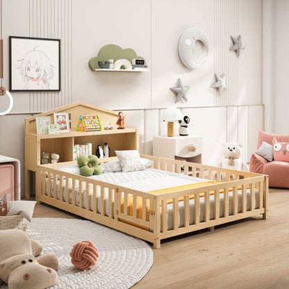 Full Size Montessori Floor Bed With Bookcases And boards, Solid Wood Platform Bed With Guard Rails And Storage Headboards - Natural - The Sleep Loft - Online Mattress Showroom NYC