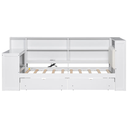 Platform Bed With Upholstered Headboard, Storage Shelves, Drawers, Charging Station, LED Lighting, Built In Desk - The Sleep Loft - Online Mattress Showroom NYC