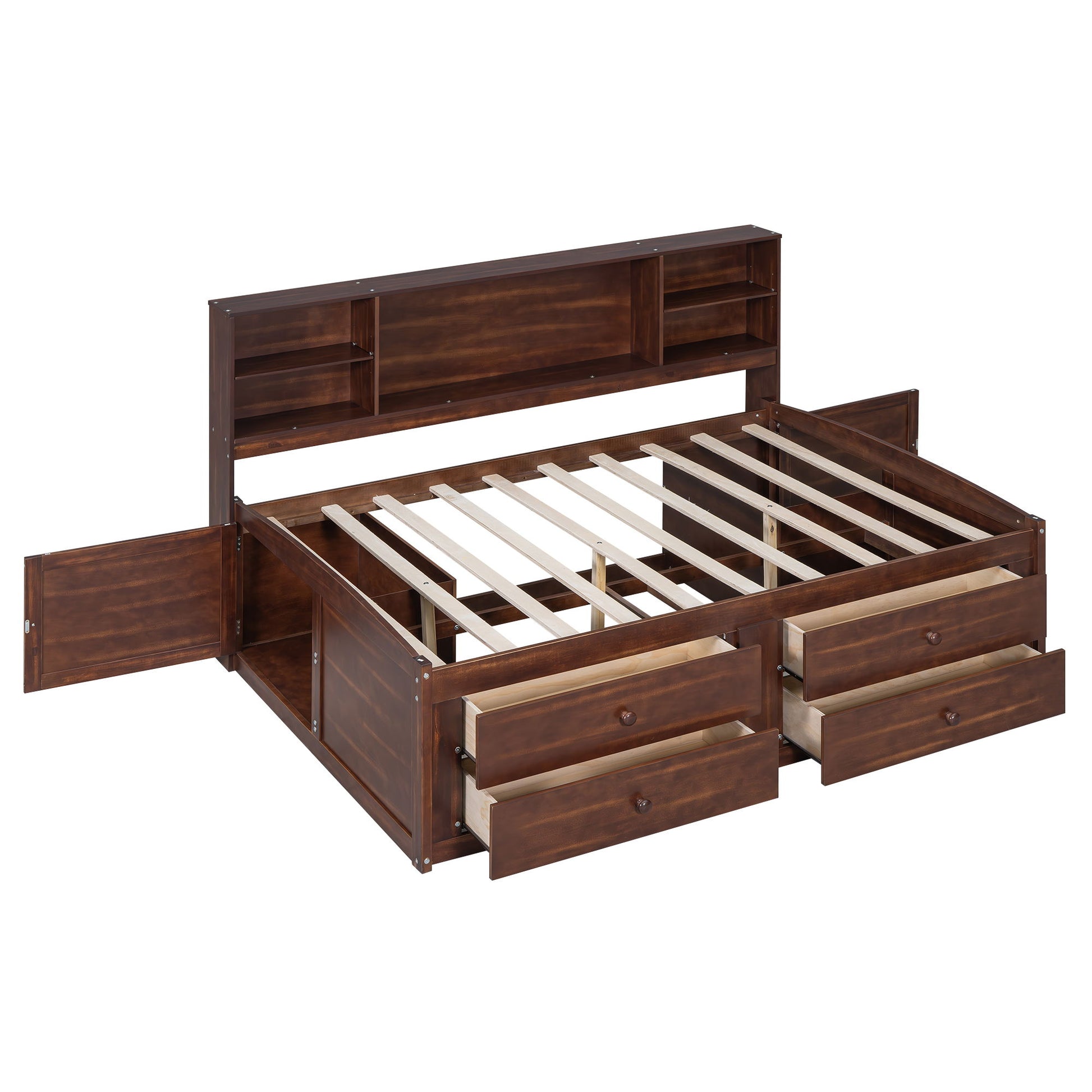 Full Size Captain Bed With Built In Storage Shelves, 4 Drawers And 2 Cabinets - Antique Brown - The Sleep Loft - Online Mattress Showroom NYC