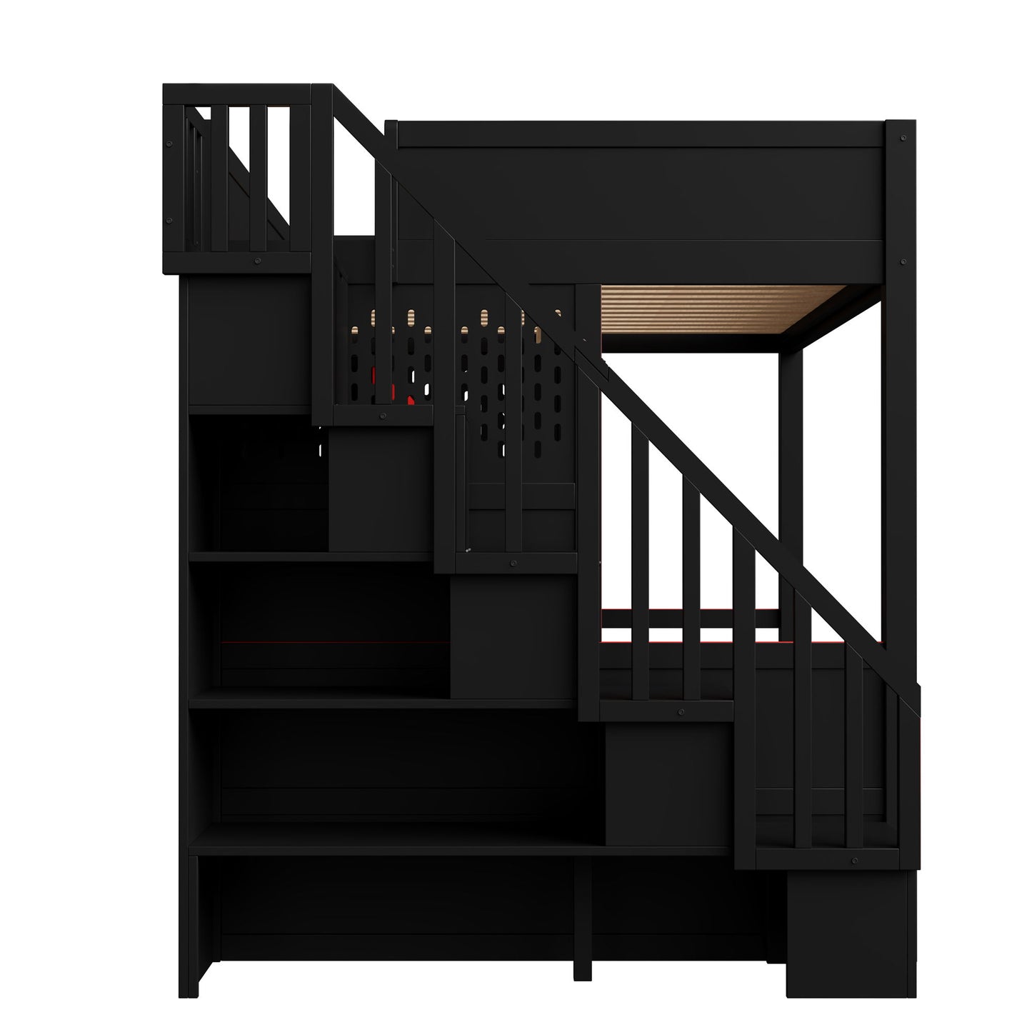 Full Gaming Loft Bed With Desk And Storage Staircase, LED Lights And USB - Red / Black - The Sleep Loft - Online Mattress Showroom NYC