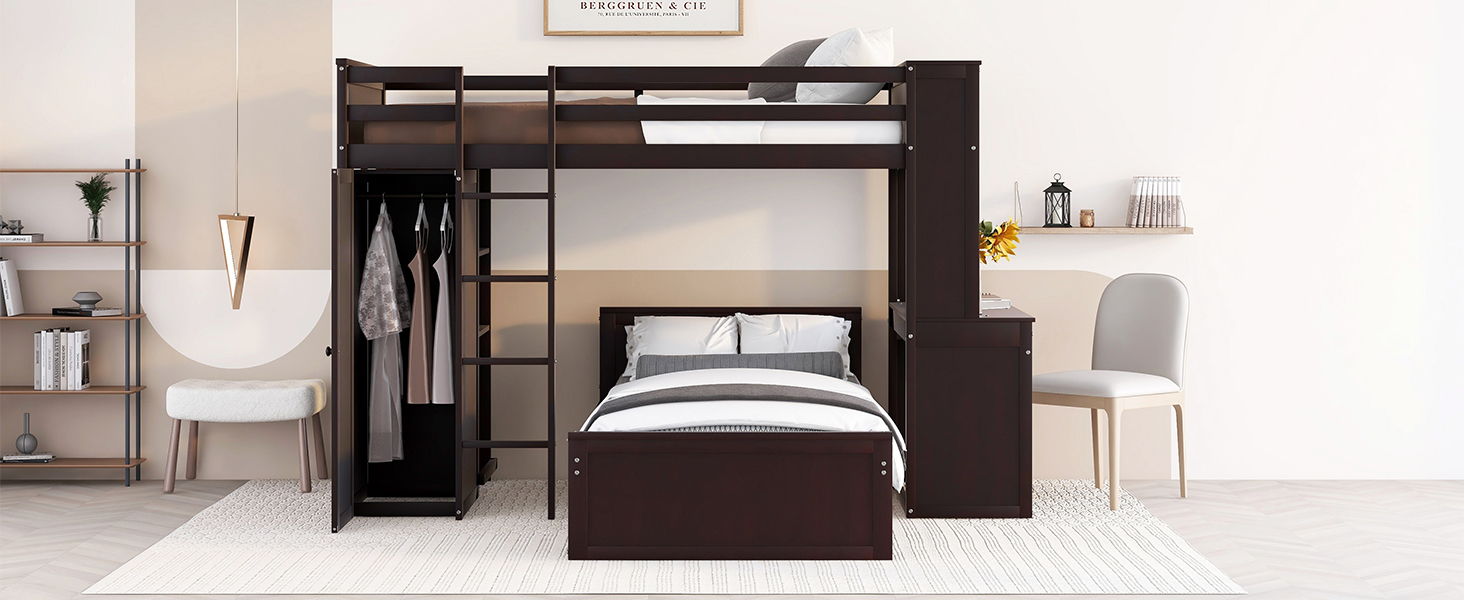 Loft Bed With A Stand Alone Bed, Shelves, Desk, And Wardrobe - The Sleep Loft - Online Mattress Showroom NYC