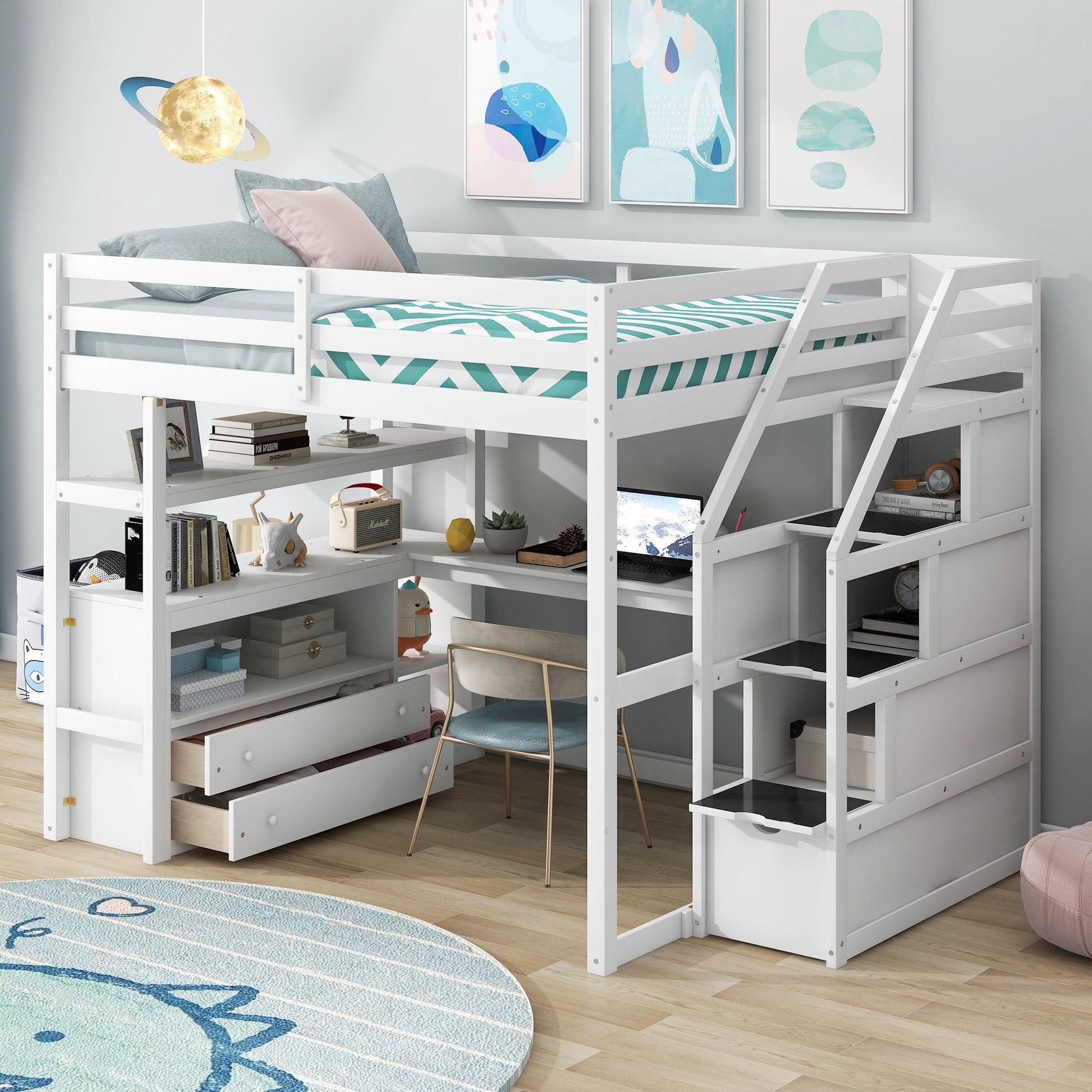 Loft Bed With Desk, Shelves, 2 Drawers, Storage Staircase - The Sleep Loft - Online Mattress Showroom NYC