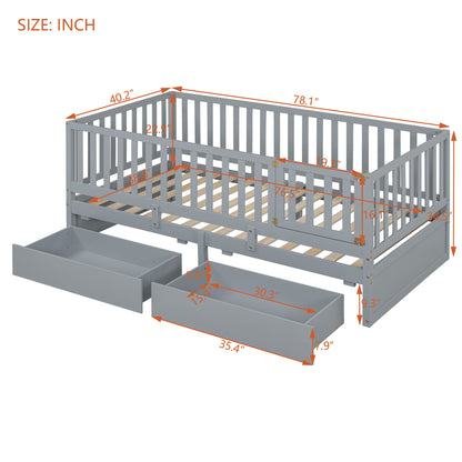 Daybed With Fence Guardrails And 2 Drawers, Split Into Independent Floor Bed & Daybed - The Sleep Loft - Online Mattress Showroom NYC
