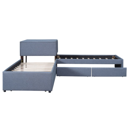 L Shaped Upholstered Platform Bed With Trundle And 2 Drawers Linked With Built In Desk - The Sleep Loft - Online Mattress Showroom NYC