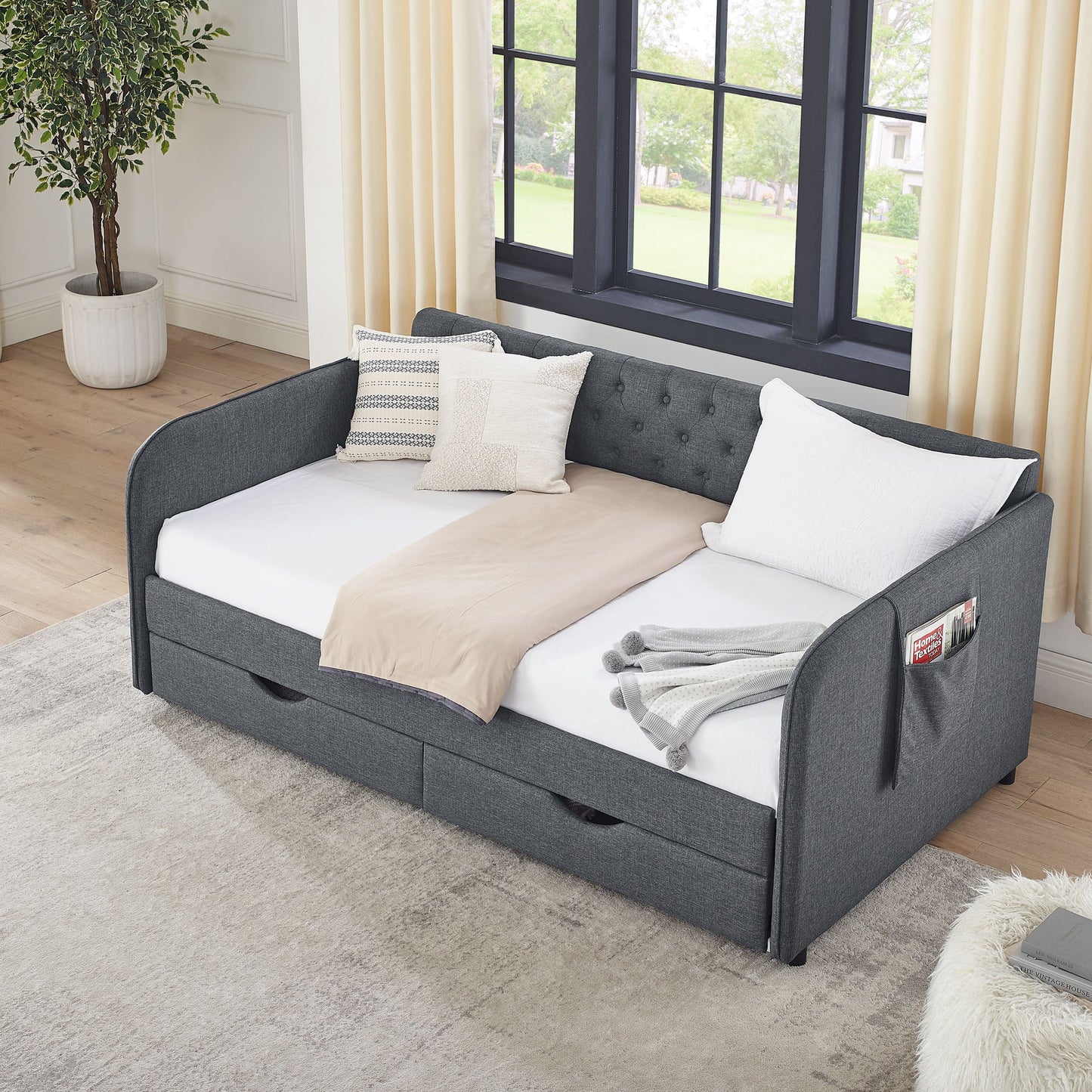 Daybed With Trundle And Storage Drawers, Flat Arms With Pocket - The Sleep Loft - Online Mattress Showroom NYC