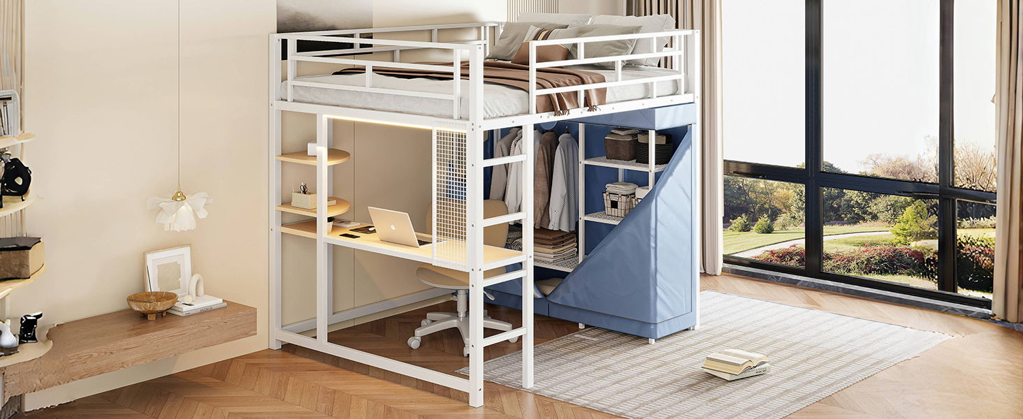 Loft Bed With Desk, Shelves, Power Outlet, LED Light And Wardrobe - The Sleep Loft - Online Mattress Showroom NYC