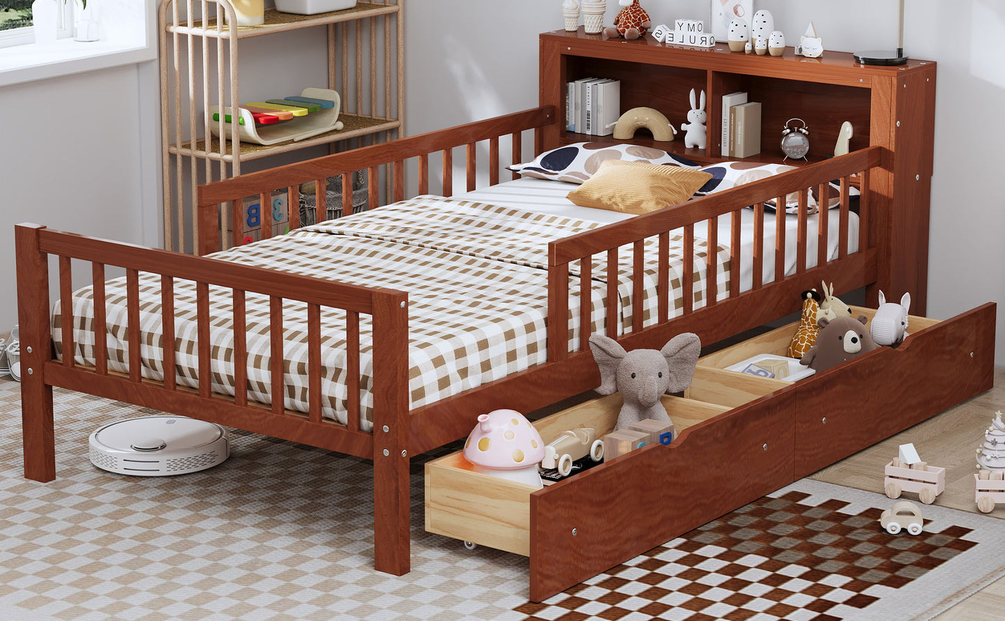 Bed With Headboard Storage Rack, 2 Under Bed Drawers, 3 Side Guardrails For Safety - The Sleep Loft - Online Mattress Showroom NYC