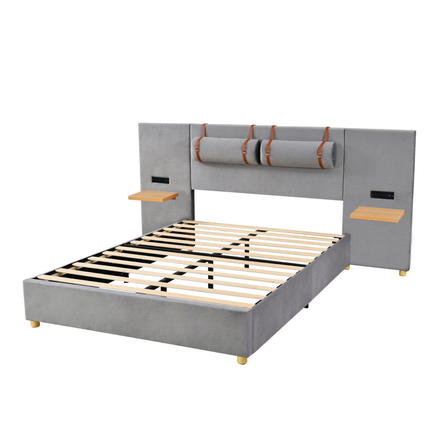 Upholstered Platform Bed, 2 Outlets And USB Charging Ports On Both Sides, 2 Bedside Pillows, Storage Shelves - The Sleep Loft - Online Mattress Showroom NYC
